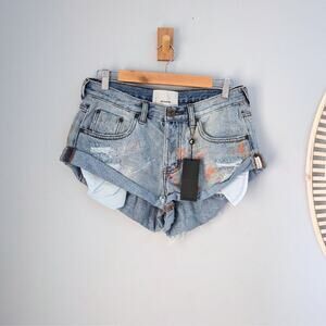 One Teaspoon Bandit Denim Shorts Hawaii Blue Paint Splash 26 NWT
